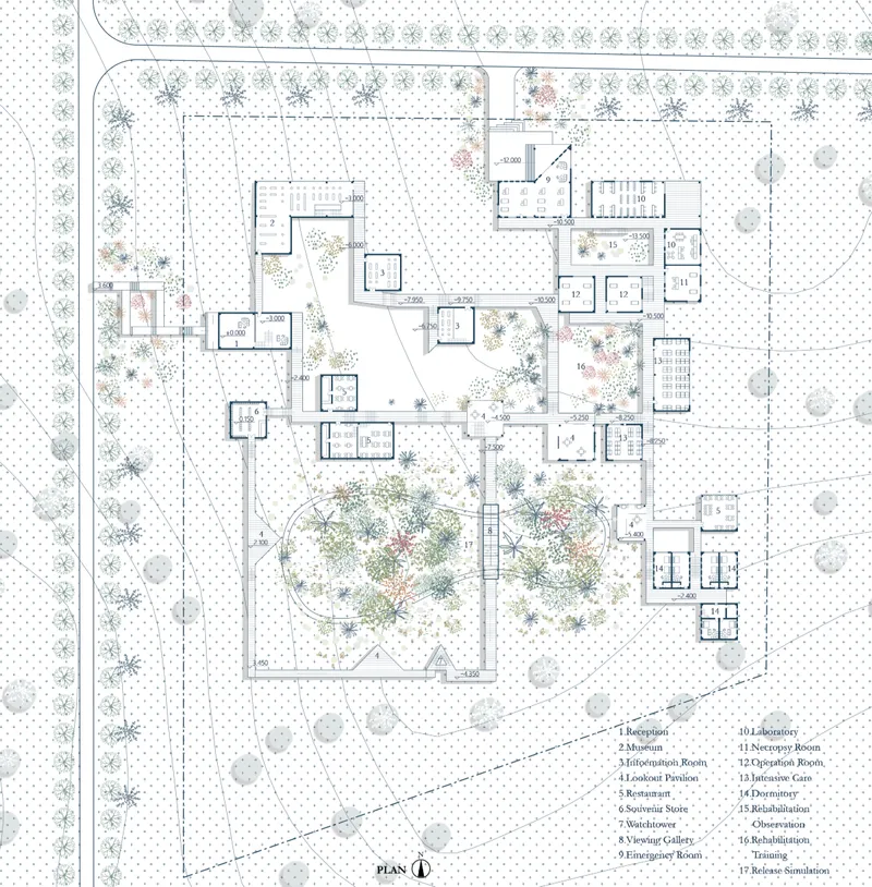 Detailed site plan showcasing visitor routes, treatment facilities, rehabilitation zones, and carefully preserved natural habitats.