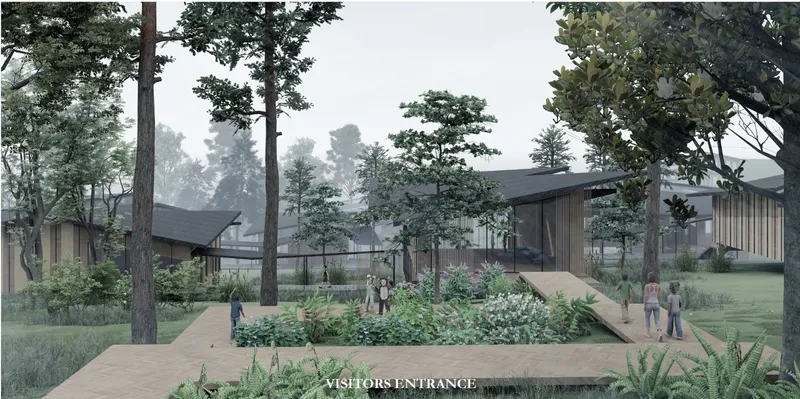 Forest-inspired visitor entrance that welcomes guests into an immersive wildlife conservation and educational experience.