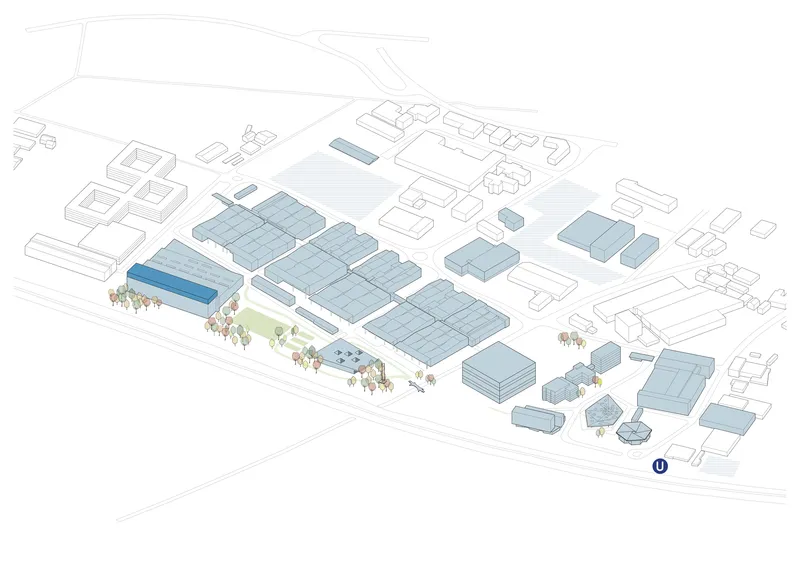 Axonometric drawing showing a cluster of saw-toothed industrial volumes with planted pathways between