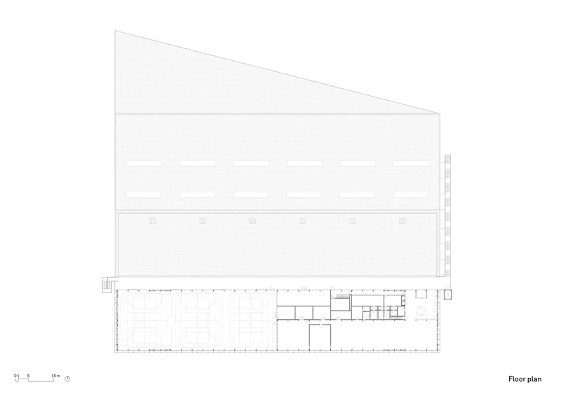 Floor plan drawing showing a long open space with a clerestory roof and service rooms