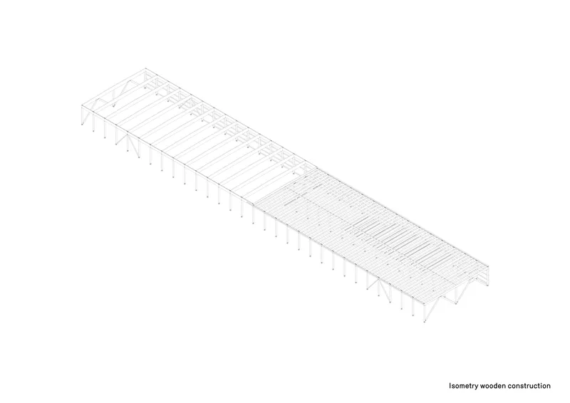 Isometric drawing of the timber framing system showing columns and roof beams in repetitive bays