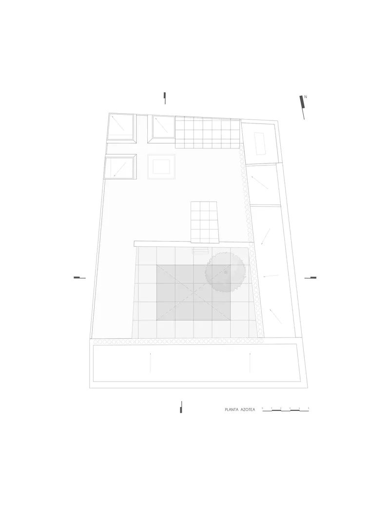 Roof plan drawing showing terrace paving grid and scattered skylight openings