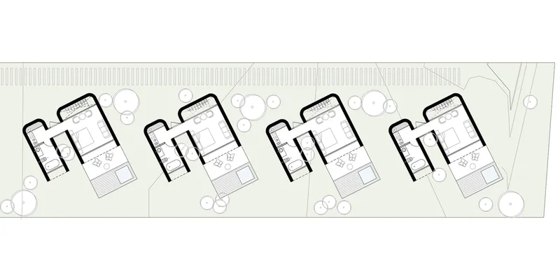 Site plan drawing depicting four identical units arranged in a row with landscaping elements