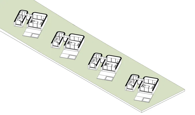 Axonometric drawing showing four paired dwelling units with sloped roofs along a linear site