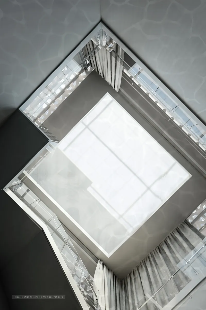 Central atrium visualization filtering ocean-inspired light through translucent surfaces and suspended architectural layers.