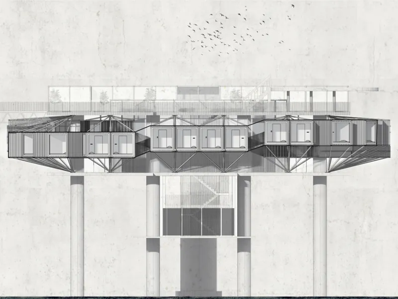 Residential rig elevation showcasing modular offshore living capsules suspended above the Adriatic Sea.