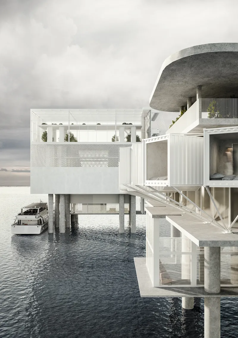 Exterior visualization of the floating research and residential hub reimagining industrial infrastructure through sustainable offshore architecture.