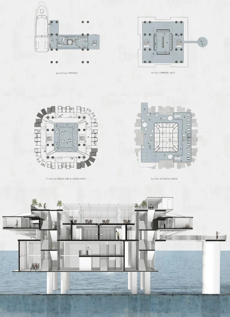 Sectional drawing illustrating communal spaces, laboratories, accommodations, and circulation within the residential sea satellite.