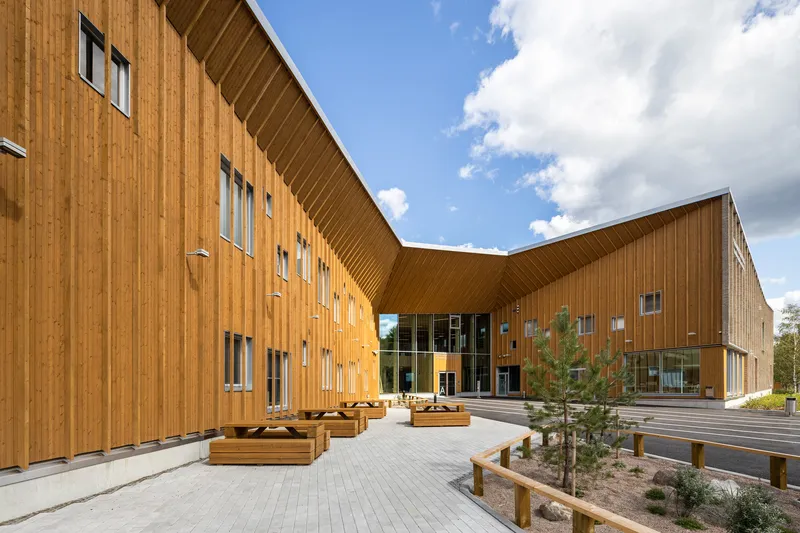 Courtyard view of the vertical timber cladding and folded soffit with planted beds and young pines
