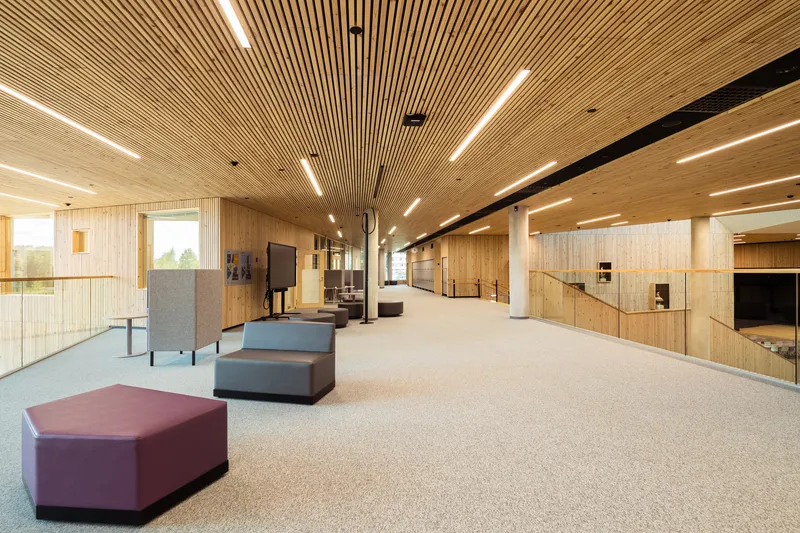 Interior corridor with linear timber ceiling slats and scattered soft seating under recessed lighting
