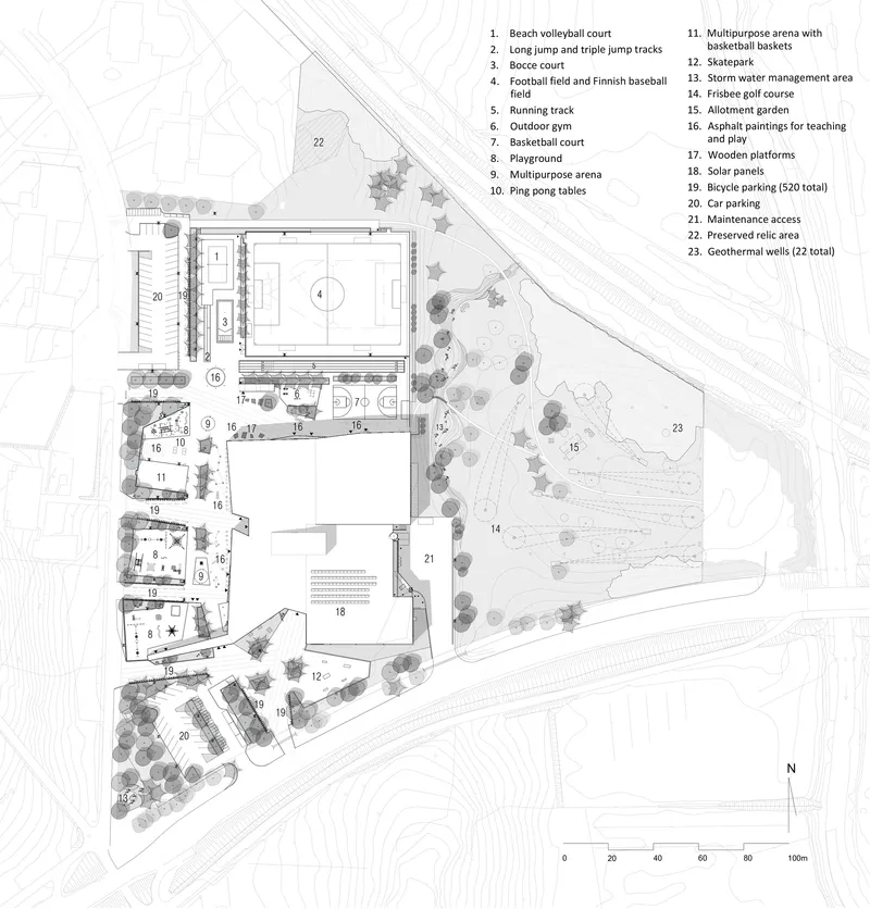 Site plan drawing showing sports courts, multipurpose arenas, and extensive tree planting across a sloped landscape