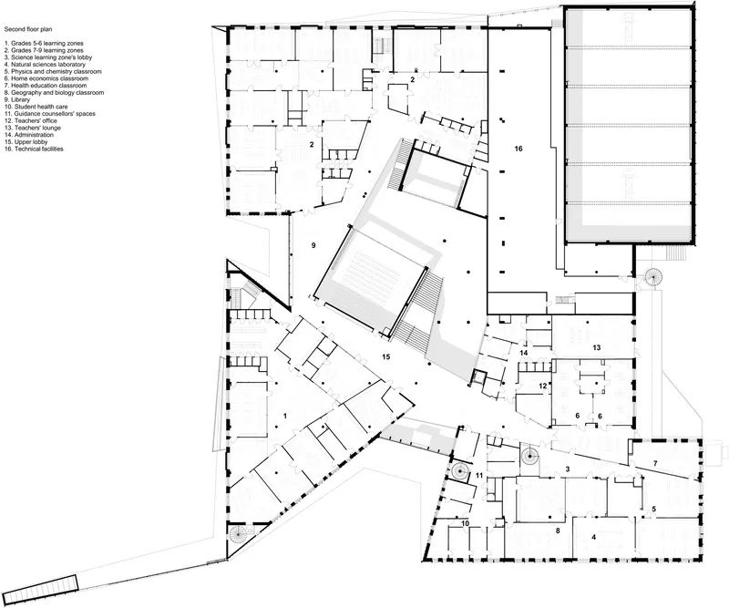 Second floor plan drawing showing learning zones, science classrooms, and administration areas with an adjacent sports court