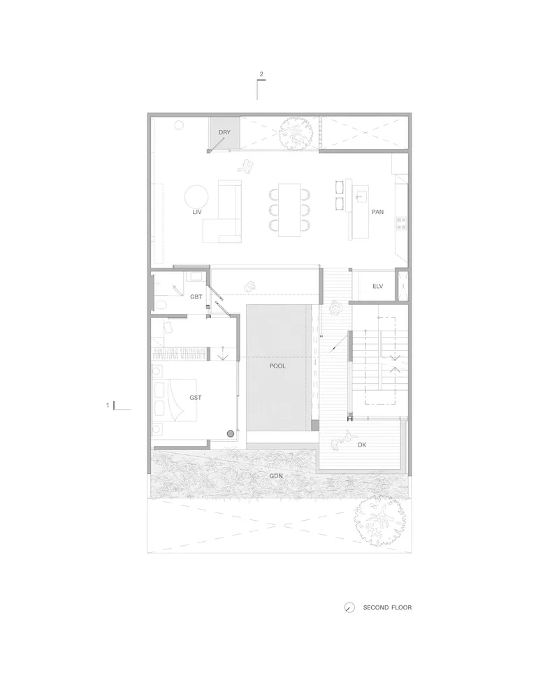 Second floor plan drawing showing open living and dining areas around a central pool and staircase