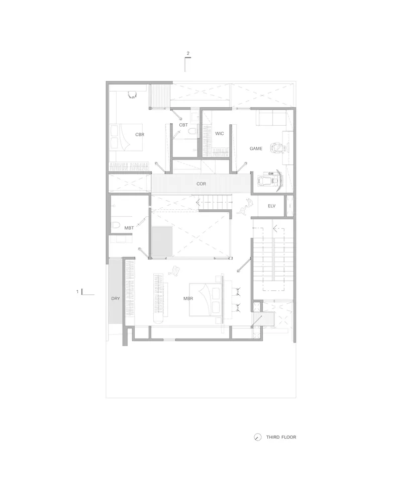 Third floor plan drawing showing master bedroom suite, corridor, and game room with adjacent terrace