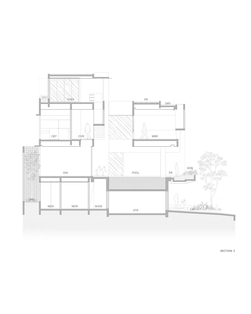 Section drawing showing staggered floor levels, pool void, and carport with adjacent garden and tree