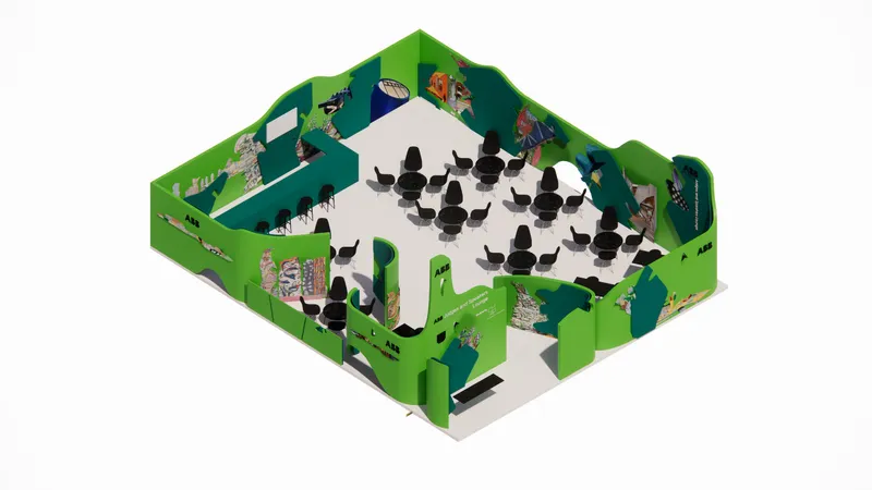 Isometric view of an exhibition booth with green undulating walls and rows of black chairs