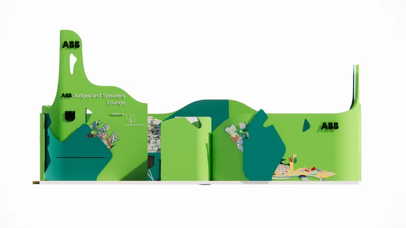 Longitudinal section revealing the flowing green wall forms with cutout openings and lounge seating areas