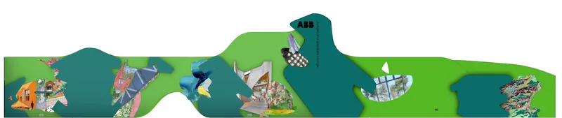 Elevation drawing of the wavelike green wall system with teal accents and integrated graphic panels