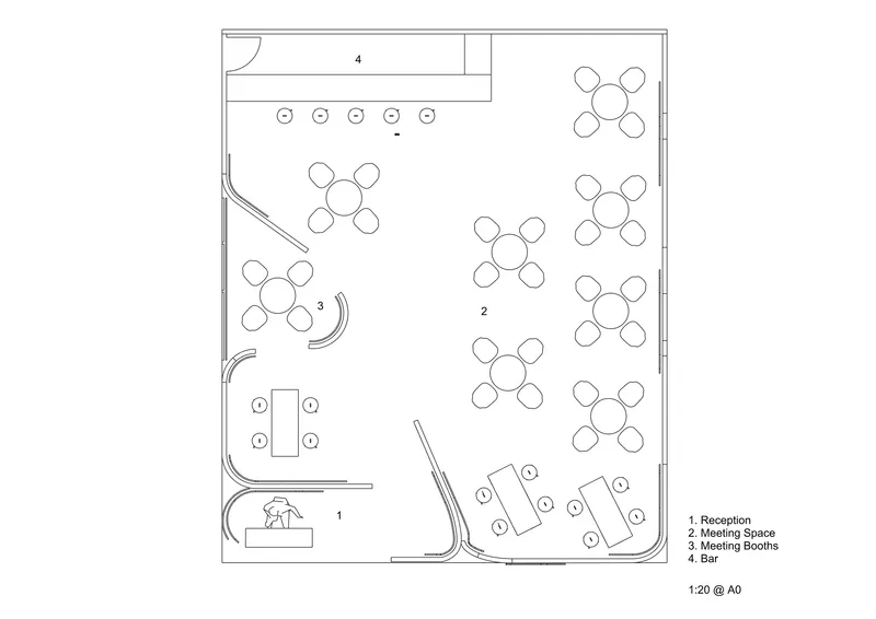 Floor plan drawing indicating reception desk, meeting tables, booth spaces, and bar area