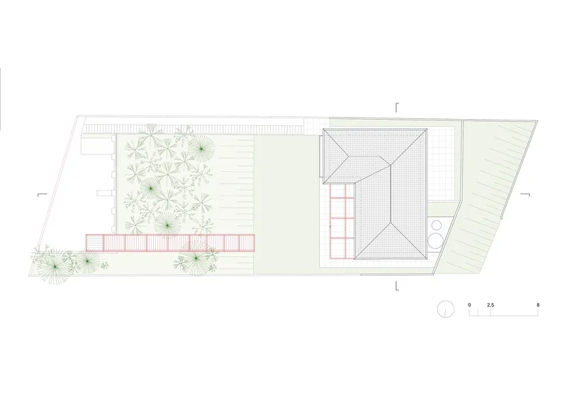 Site plan drawing showing planted courtyard, timber deck, and hipped roof volume on sloped terrain