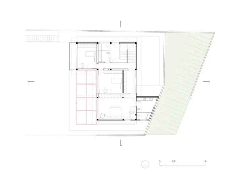 Upper floor plan drawing showing bedrooms and double-height void over main living space