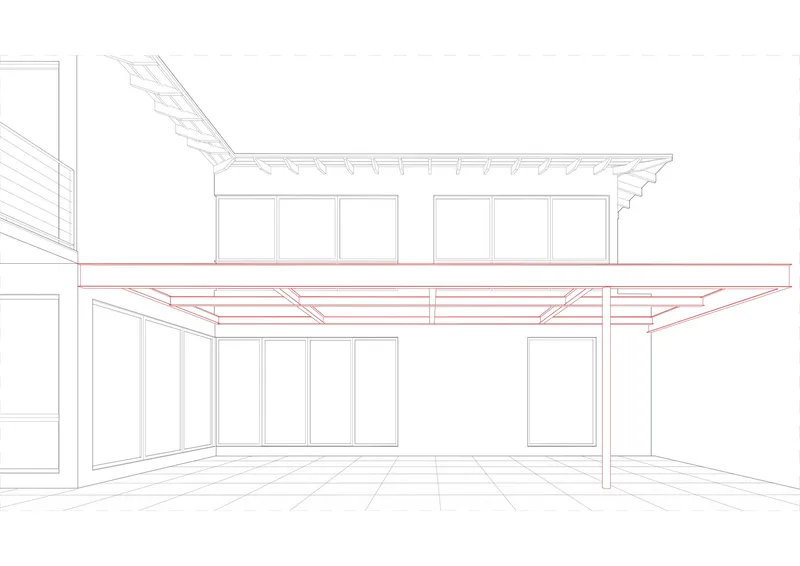 Perspective section drawing of an interior room with exposed ceiling beams and full-height glazing