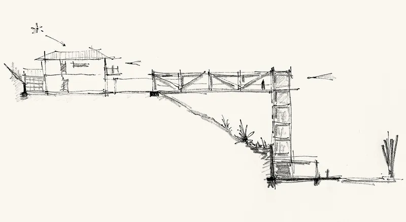 Section sketch showing a bridging structure connecting tower volumes on sloping terrain with vegetation