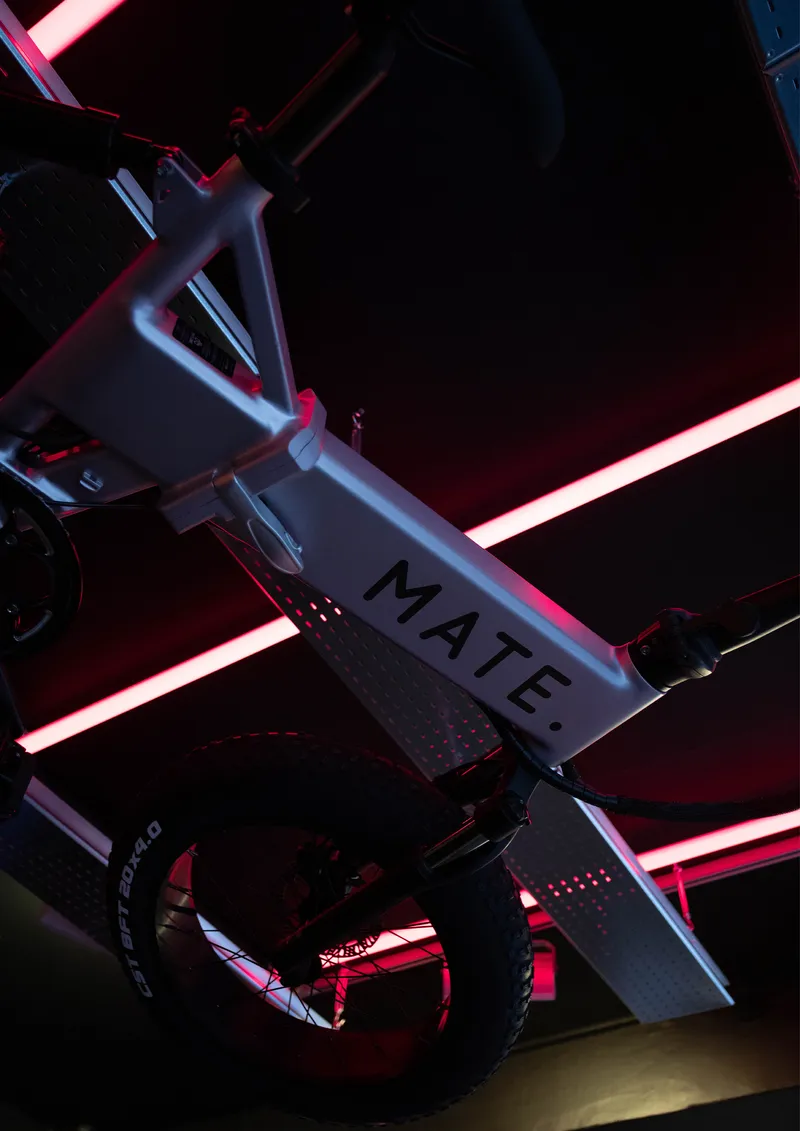 Suspended bicycle illuminated by red and pink strip lighting against a dark ceiling