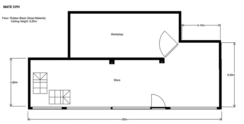 Floor plan drawing showing store and workshop spaces with entry and curved threshold wall