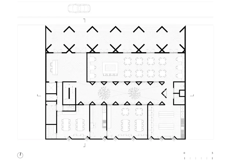 Floor plan drawing showing sawtooth roofline over dining areas with two interior courtyards and service spaces