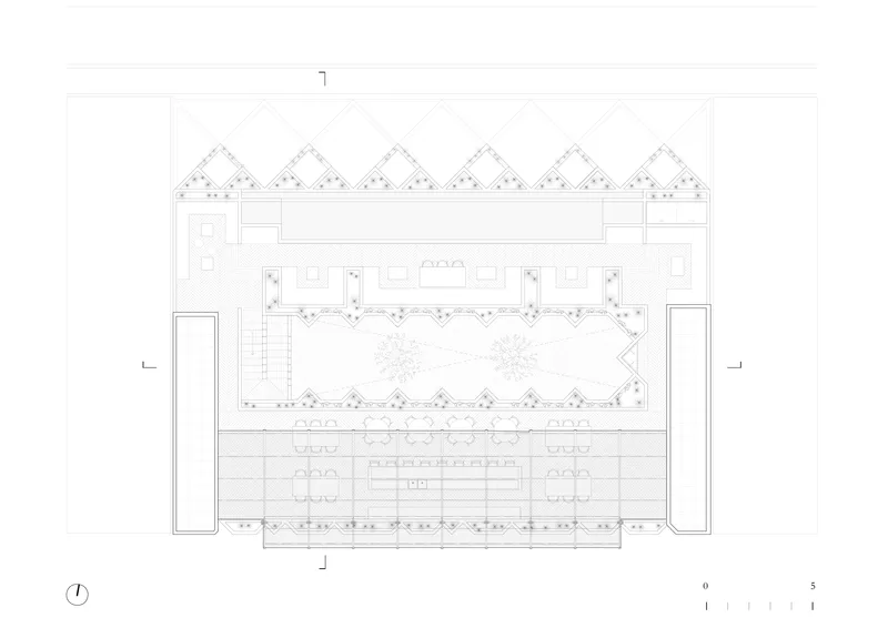 Floor plan drawing showing ground level with sawtooth roofline over central courtyard and flanking service zones