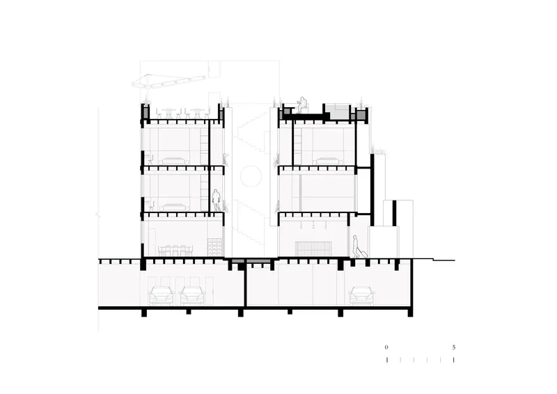 Section drawing showing residential units stacked over a ground-level parking garage with human figures for scale