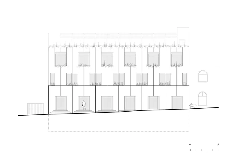 Elevation drawing depicting a multi-story facade with recessed balconies, rooftop planting, and a figure on the ground floor