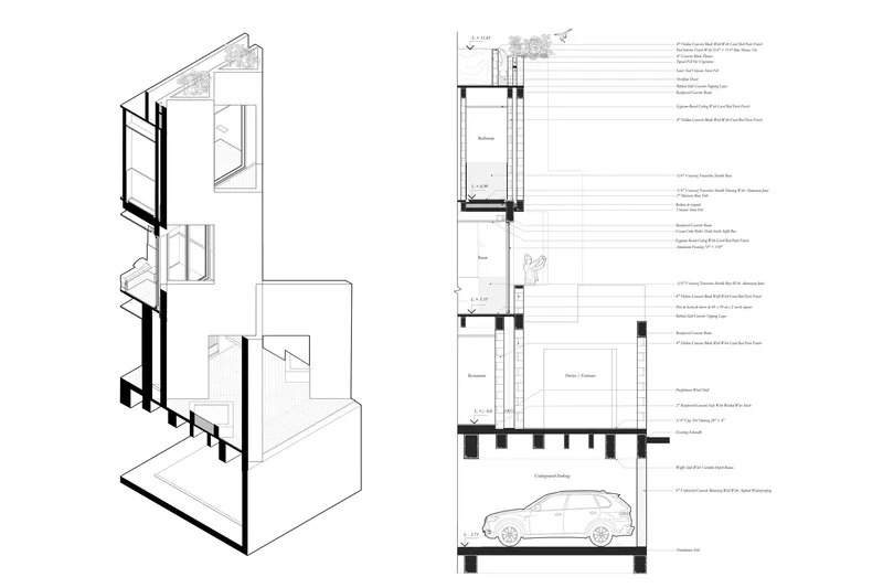 Axonometric and detailed section drawings revealing interior spaces, material layers, and a parked vehicle in the garage below