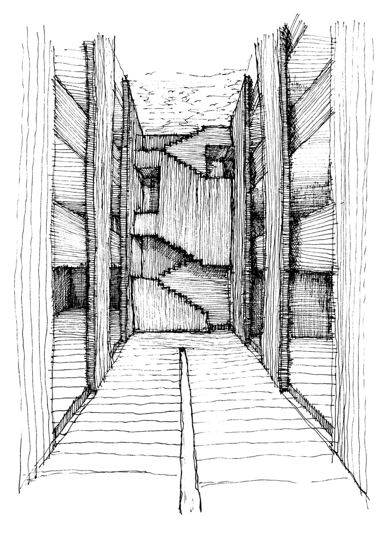 Perspective sketch looking down a narrow passageway framed by vertical timber-clad walls and overhead beams