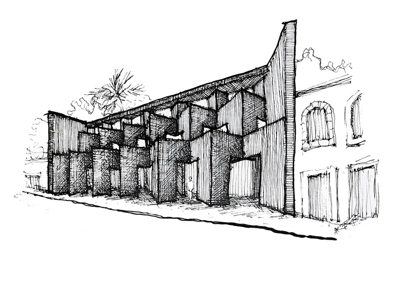 Sketch showing a street view of a timber-clad facade with overhanging roof, adjacent palm tree, and neighboring buildings
