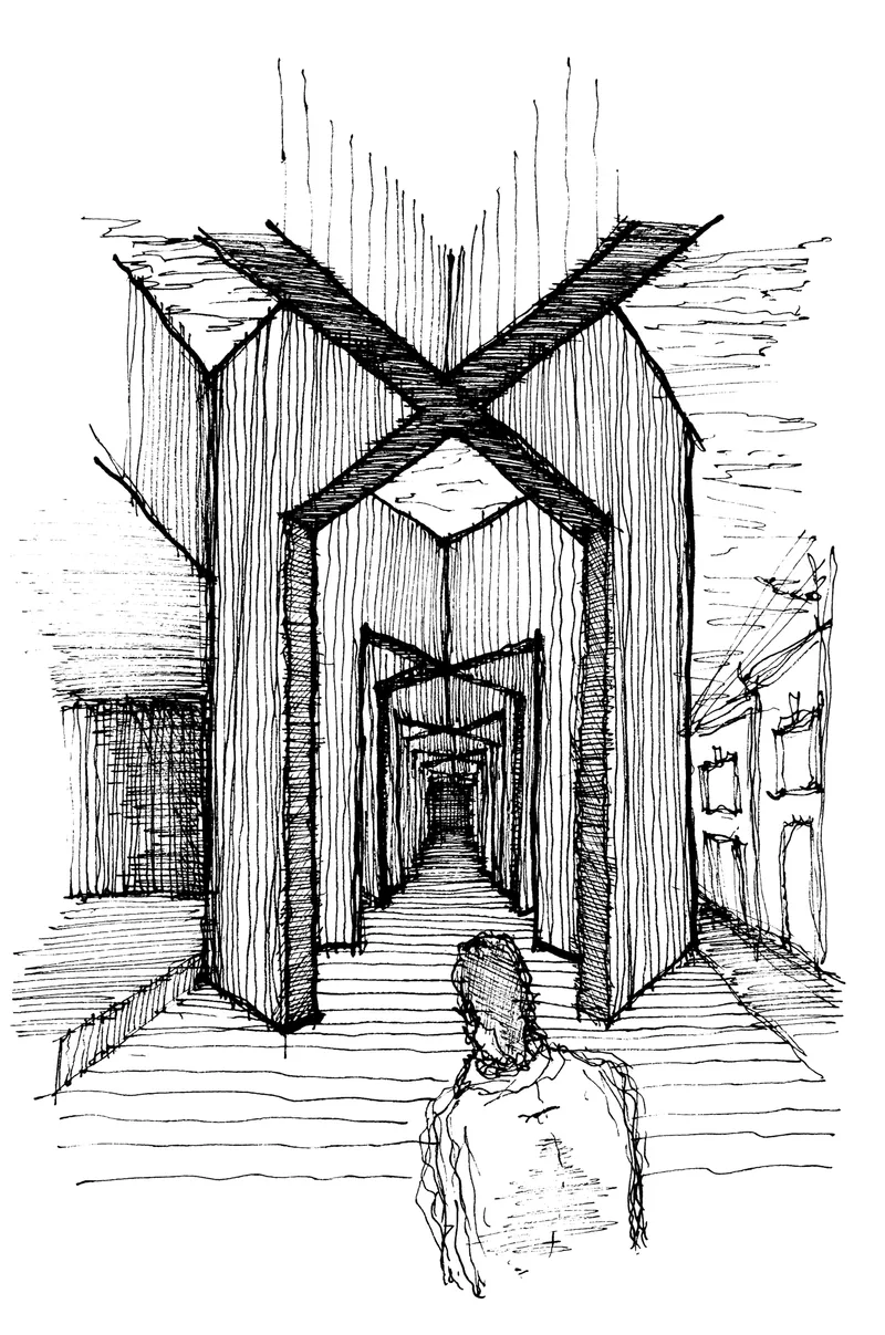 Sketch depicting a tall timber portal with cross-braced structure and two figures walking toward the entrance passage