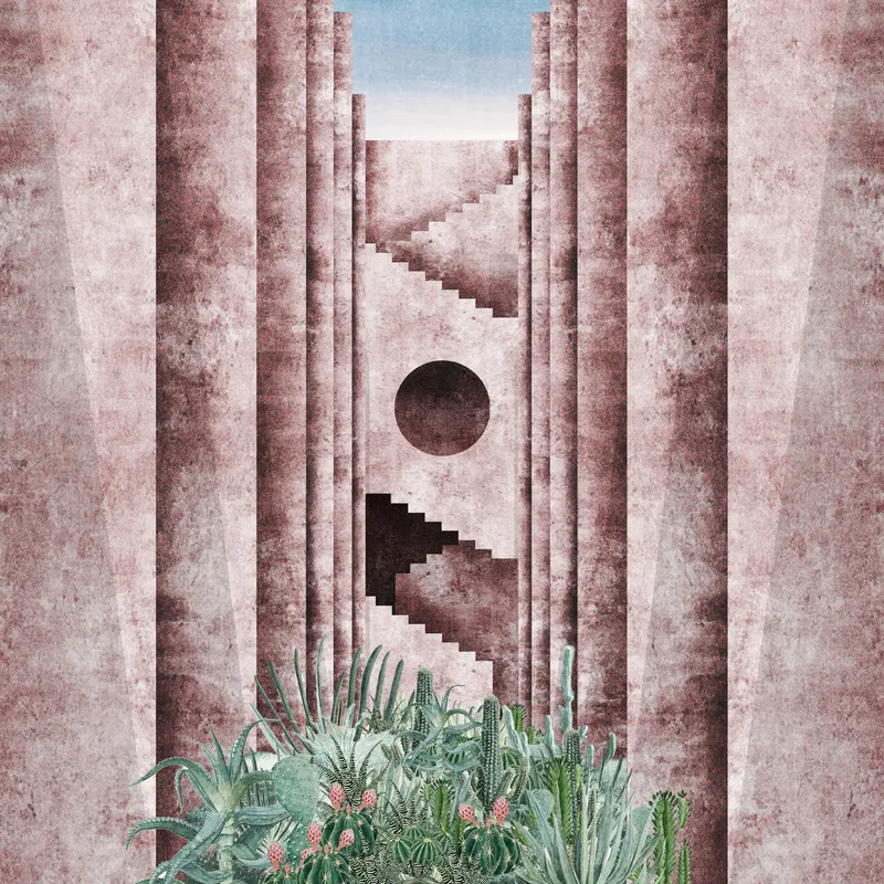 Illustration showing pink cylindrical columns, floating stairs, circular void and foreground cacti and succulents