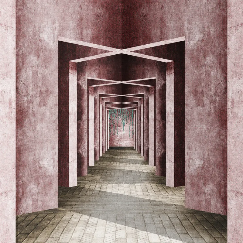 Covered corridor with repeating pink plaster arches and crossed beams over a brick-paved floor