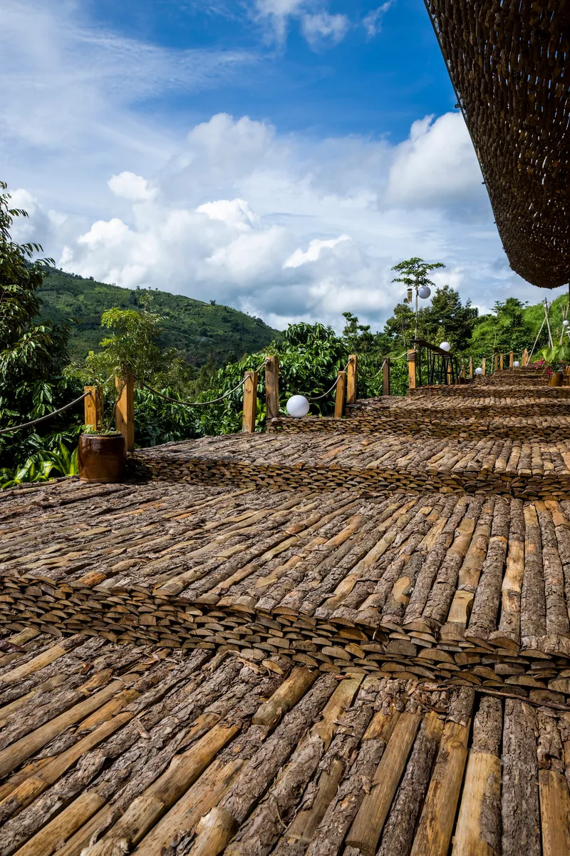 Curved bamboo decking with timber post railing leading toward forested hills
