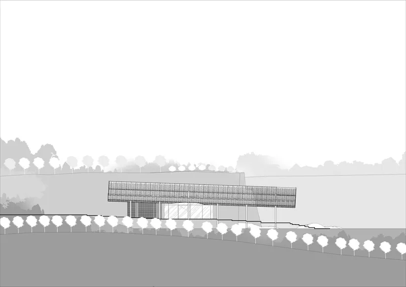 Elevation drawing depicting a linear structure with elevated trussed roof and glazed lower level amid tree plantings