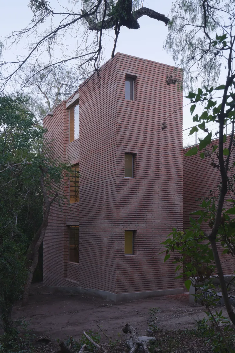 Three-story brick facade with scattered windows framed by overhanging tree branches at twilight