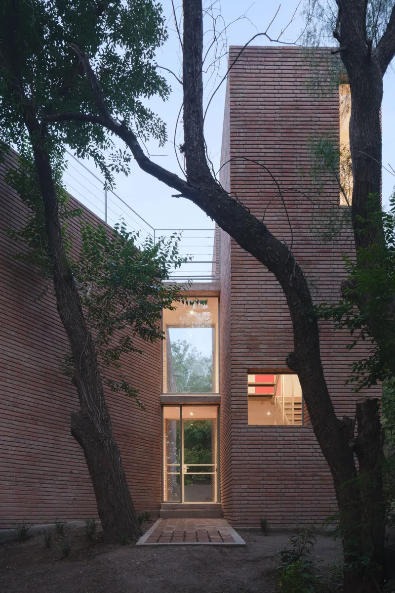 Entry facade in horizontal timber slats with tall glazed opening framed by existing trees