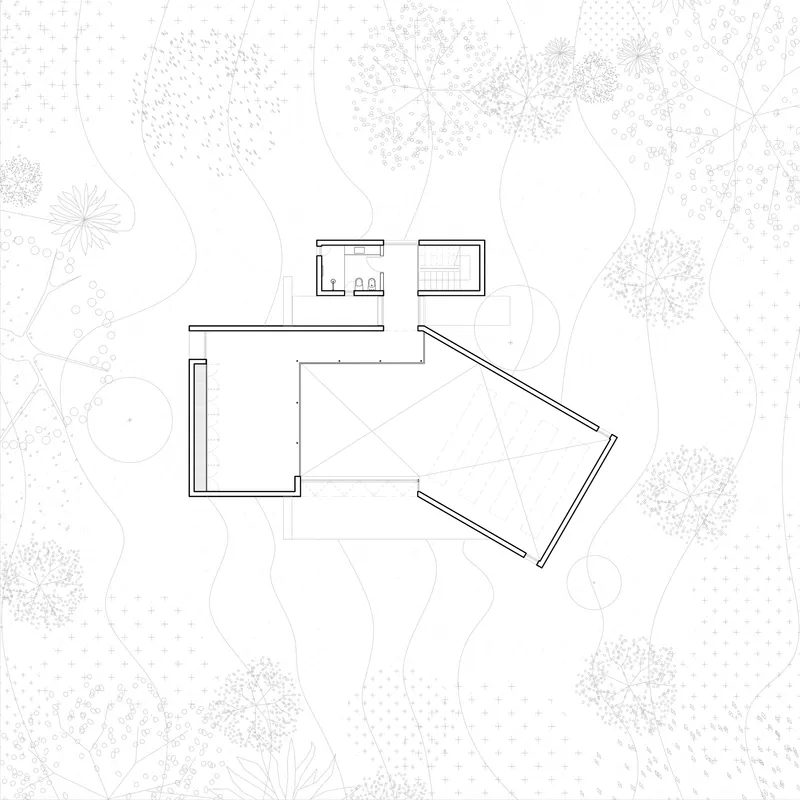 Upper floor plan drawing showing covered terrace and angled volume with tree contours