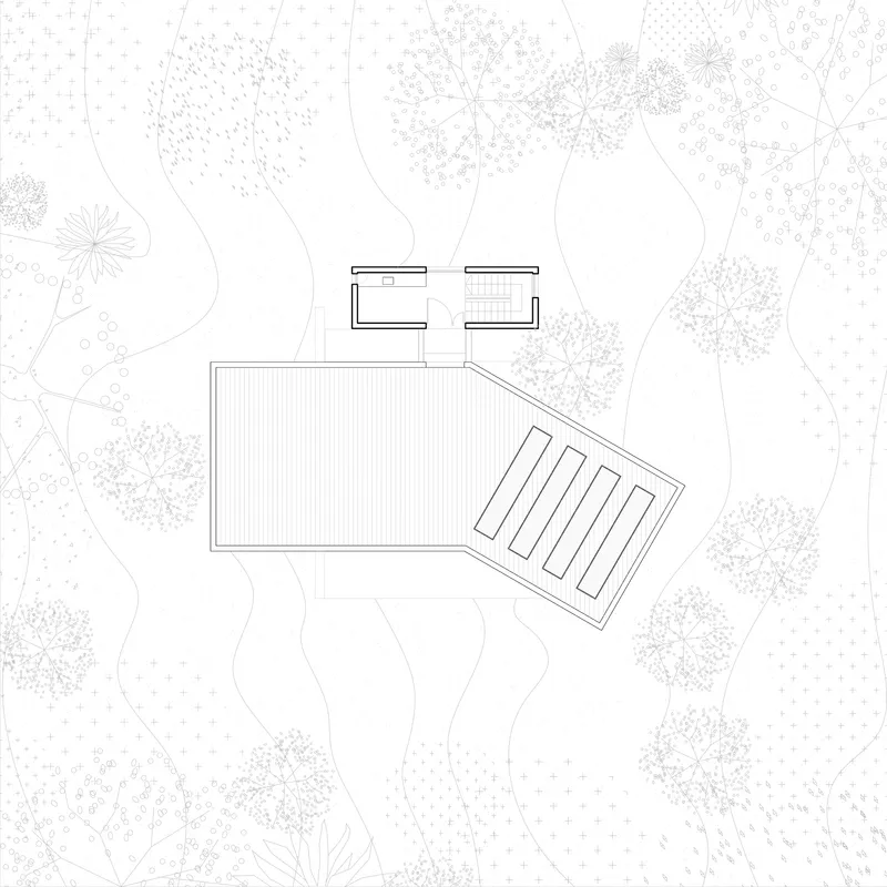 Roof plan drawing showing parallel skylight slats and two service volumes with trees