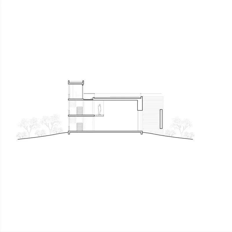 Section drawing revealing a multi-story volume with a vertical tower and sloping site with trees