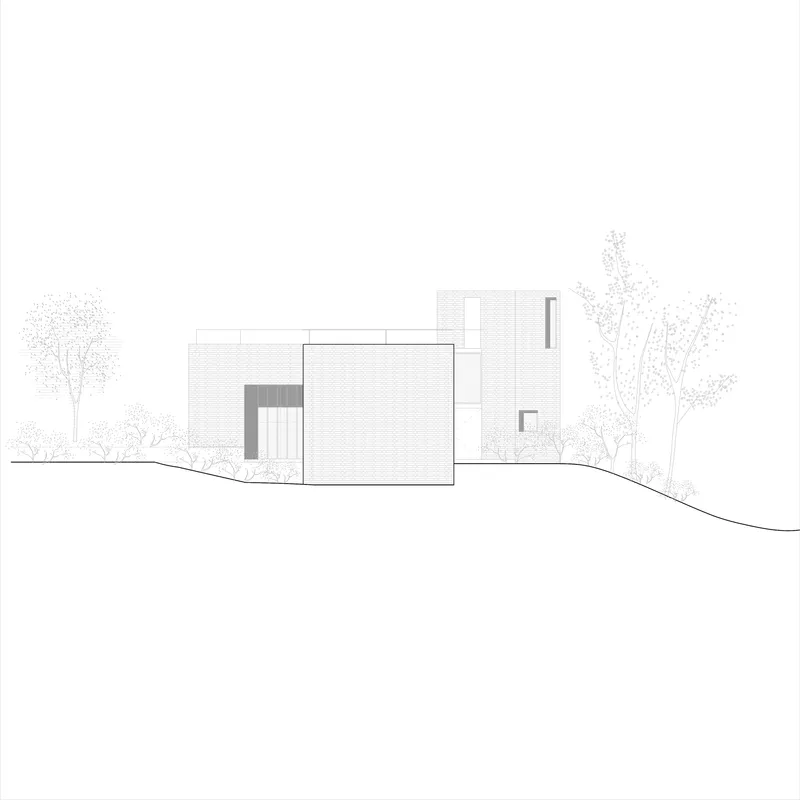 Elevation drawing depicting a rectilinear composition with textured panels and vertical window openings among trees