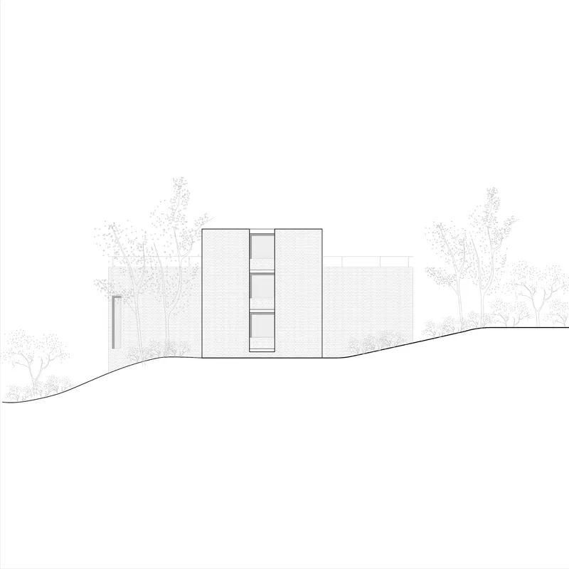 Elevation drawing with stacked horizontal volumes and a narrow vertical window within a treed landscape