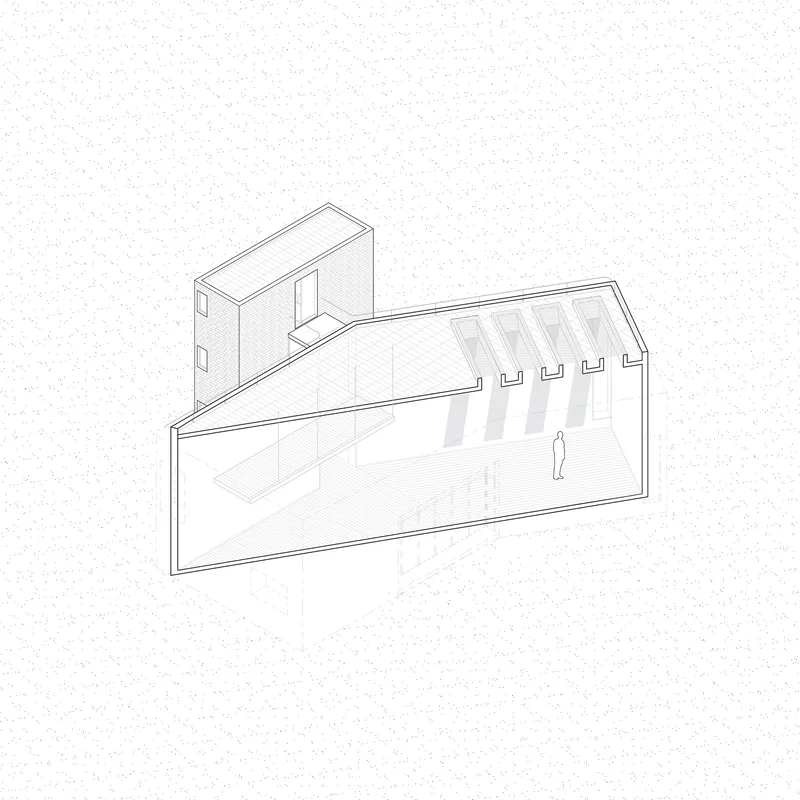 Axonometric drawing showing an angular courtyard space with clerestory openings and a figure below