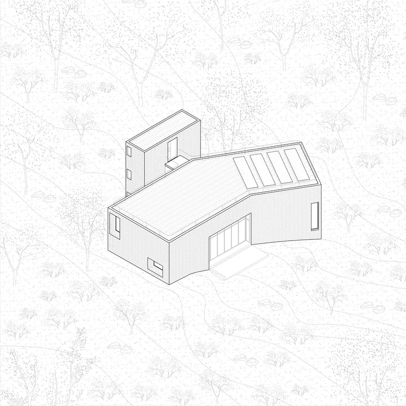 Axonometric drawing showing two connected volumes with skylights set in a wooded landscape